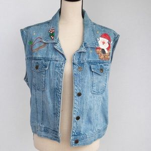 Vintage 90s hand painted Christmas denim jean vest with Santa Claus XL statement